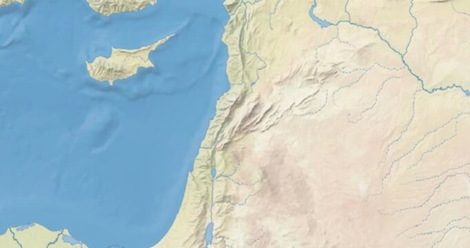 Lebanon on Globe. Zoom into the country with Earth spinning on dark background. Physical world map with Lebanon and label on it. Country view animation.