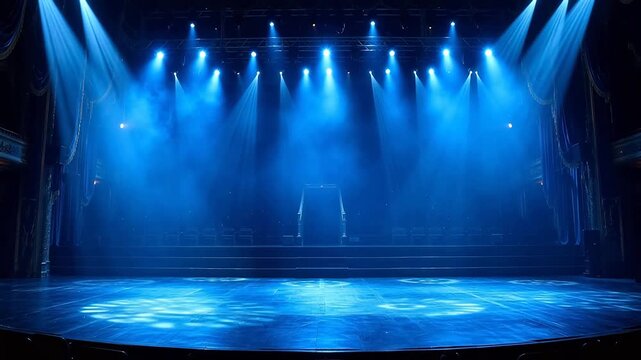Empty theatrical stage bathed in vibrant blue spotlights, creating a dramatic and captivating atmosphere for a performance or grand event