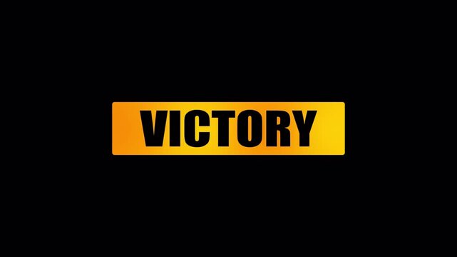 Orange victory label animation on black background for game result screen, winner overlay, success message and arcade interface