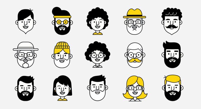 Diverse illustrated faces set
