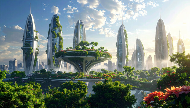 Futuristic city with lush greenery