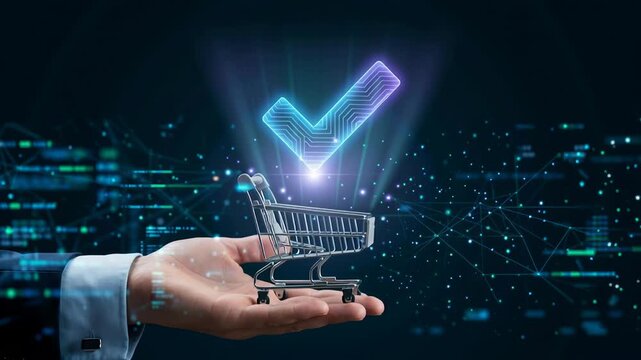 Online ecommerce order confirmed checkout purchase retail transaction shopping cart digital glowing checkmark hand holding symbolizing successful transaction completion