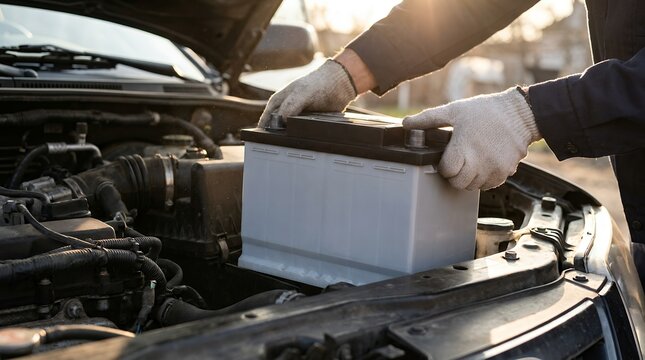 A gloved hand carefully installs a new car battery into the engine compartment of a vehicle during a sunny day 164 characters mechanic repair automobile maintenance automotive