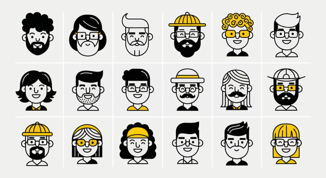 Diverse illustrated faces set