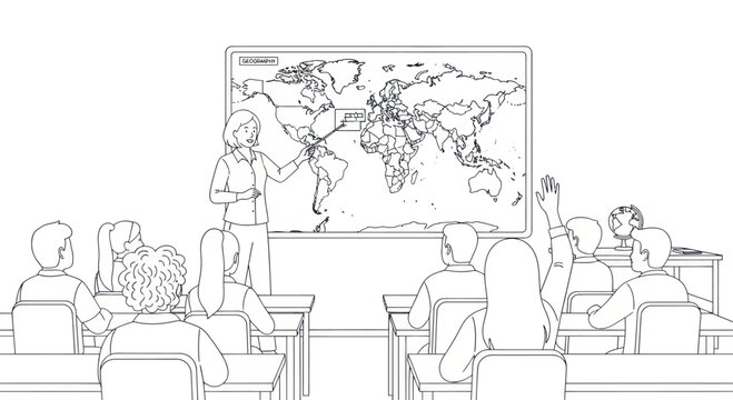 Teacher pointing at world map in classroom with students raising hands