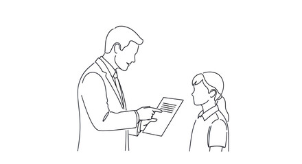 Fototapeta premium Business Meeting: Manager Explaining Document to Employee, Line Art Illustration