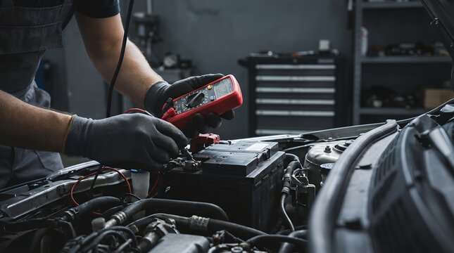 Mechanic wearing gloves checks car battery voltage with a digital multimeter in a workshop close up automotive repair car maintenance engine vehicle automobile technology