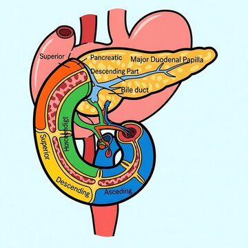 Detailed anatomical diagram of human pancreas and bile system.