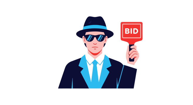 Auctioneer Agent in Suit Holding BID Sign, Business Concept