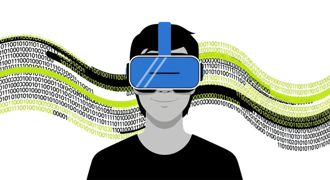 Man wearing VR headset with digital data stream, virtual reality technology concept