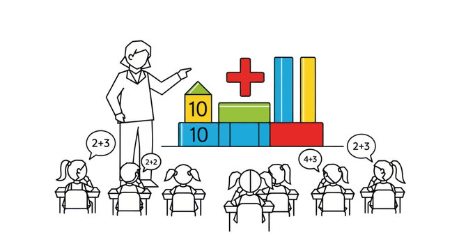 Teacher Explains Math Concepts to Young Students with Blocks and Equations