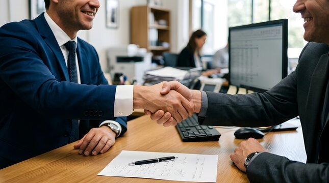 Two professional business partners finalize a deal with a firm handshake, symbolizing agreement and partnership in an office setting, highlighting trust and collaboration