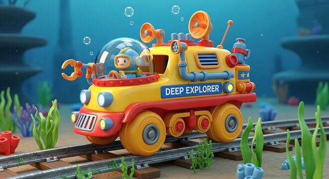 Bright orange toy train on colorful track with figures.