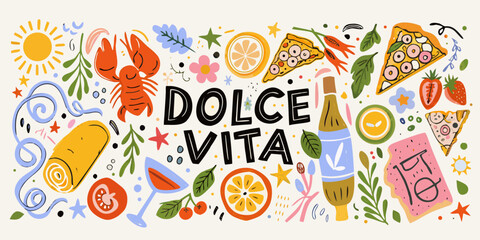 Italian themed food and floral vector illustration with handwritten typography © KrishnaPada