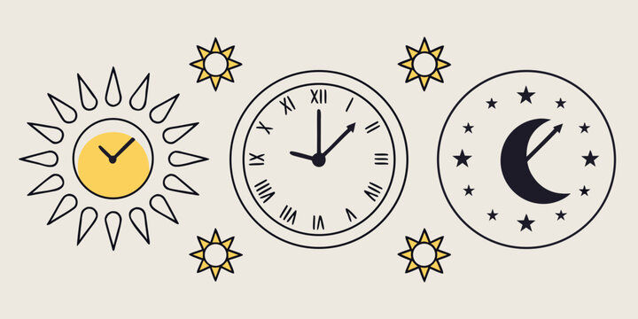 Sun clock and moon illustrations with starbursts vector graphic