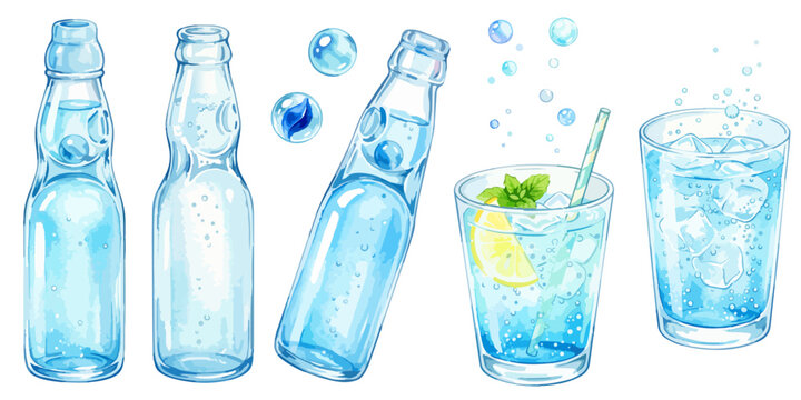 ラムネ瓶と炭酸水ドリンクの水彩イラストセット｜レモンソーダと涼しい夏素材