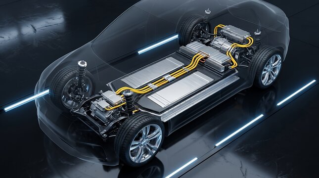 Detailed cross section view of an electric car chassis showcasing battery pack electric motor and suspension system components electric vehicle ev automobile