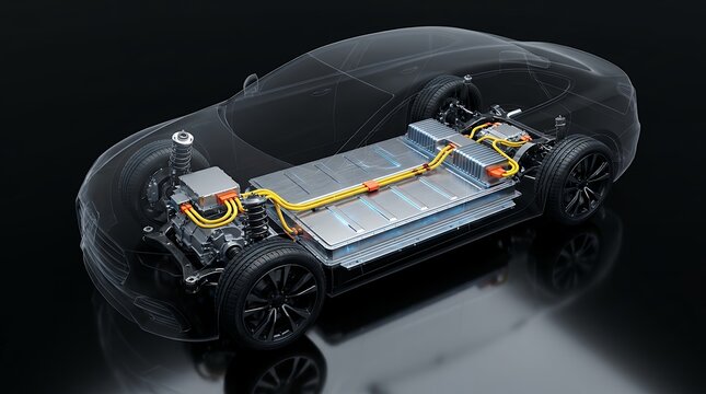 Detailed view of an electric vehicle's chassis showcasing its advanced battery pack and internal components with transparent car body outline electric car EV technology automotive