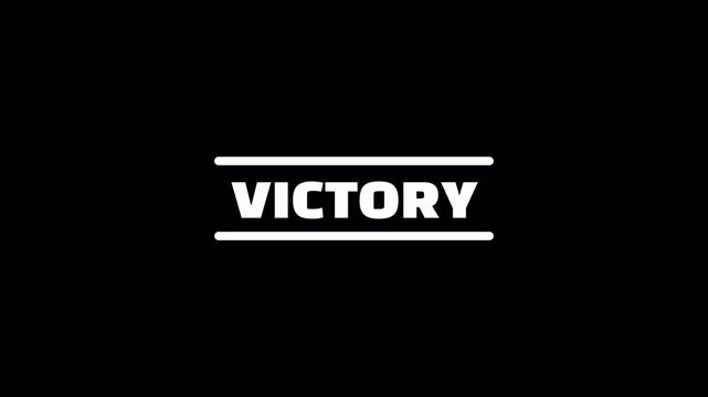 White victory typography animation on black background for win screen, arcade result, achievement label and game interface design