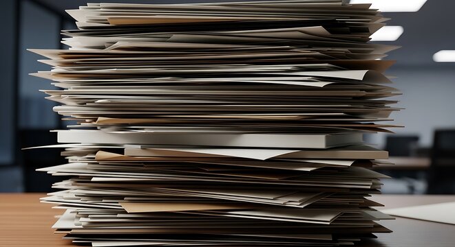 Stack of disorganized office paperwork documents.
