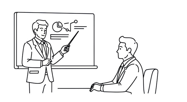 Business Presentation: Speaker points to chart on whiteboard, listener watches