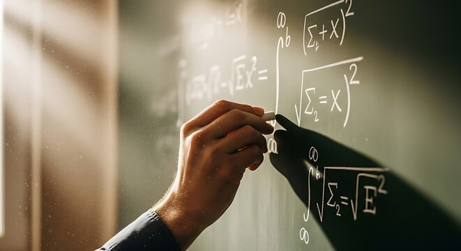 Hand writing complex mathematical equations on a green chalkboard