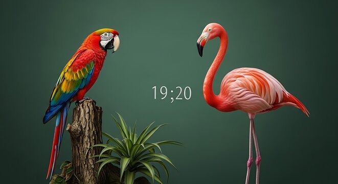 Scarlet macaw on stump and pink flamingo on dark green background