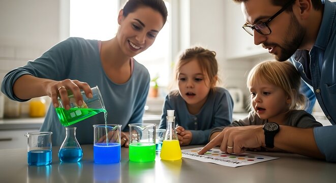 Children enjoying colorful science experiment at school.