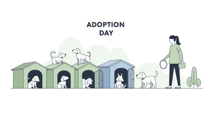 Dog Adoption Day Event with Woman and Dogs in Kennels. © Ibuk