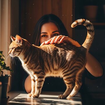 Young woman stroking her ginger cat near a sunny window