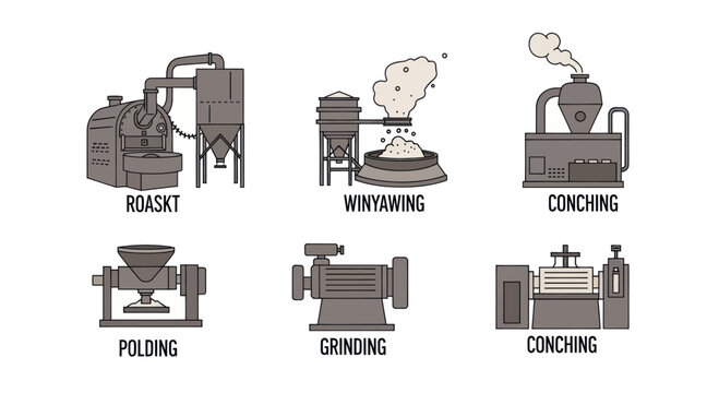 Industrial machinery for food processing and manufacturing stages.