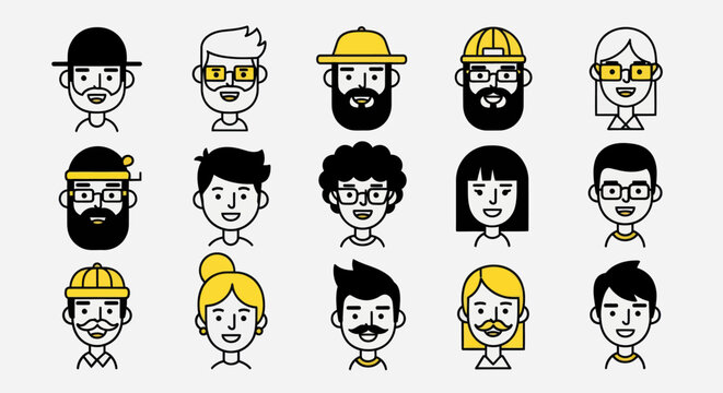 Diverse illustrated faces set
