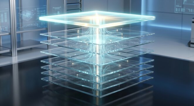 Futuristic Glass Structure with Glowing Blue Layers in Modern Laboratory Setting