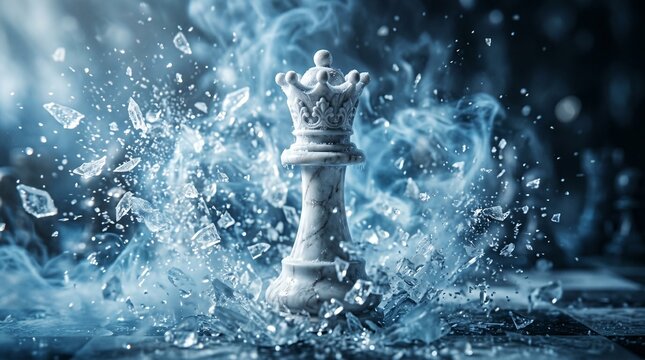 White Chess Queen Standing Strong Amidst Exploding Ice and Glass Shards, Metaphor for Leadership and Resilience Under Pressure
