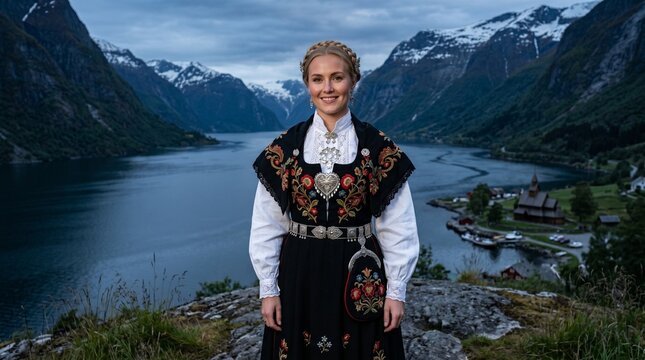 Beautiful Norwegian woman wearing traditional folk costume dress with intricate embroidery standing in front of iconic culture fjord landscape