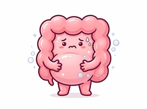 Cute Cartoon Intestine Character Experiencing Stomach Bloating and Digestive Discomfort.