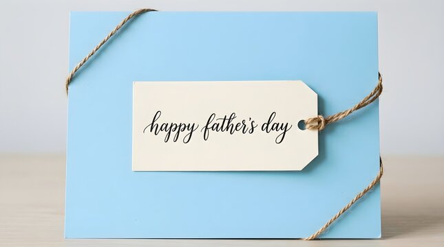 Heartfelt 'Happy Father's Day' greeting card featuring elegant script typography on a light blue background, tied with natural twine, symbolizing appreciation and paternal love