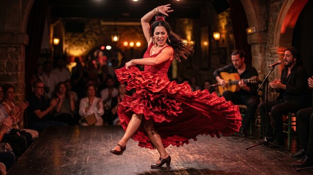 Passionate Spanish Flamenco Dancer Performing Traditional Dance Expressing Vibrant Culture On Stage With Musicians And Audience