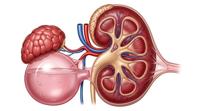 3D rendered human kidneys with blood vessels and ureter.