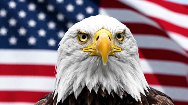 Majestic bald eagle profile in front of blurred American flag