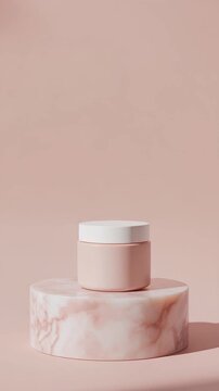 Cosmetic jar appearing smoothly on a pink marble display cylinder over a pastel pink background.