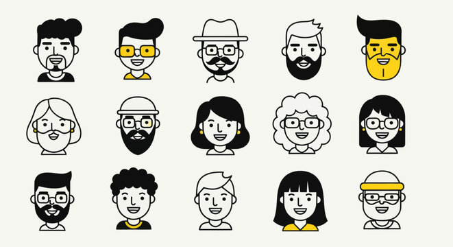 Diverse illustrated faces set