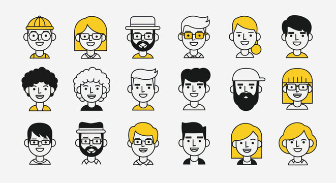 Diverse illustrated faces set