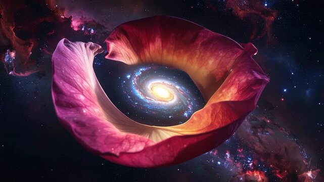 Rose petal framing a galaxy in a vibrant cosmic display