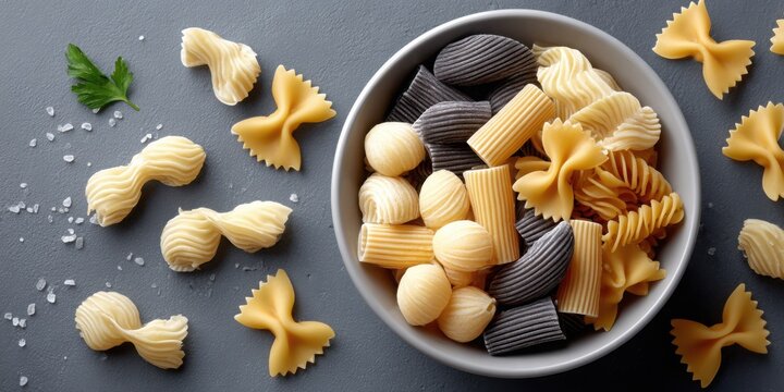 Flat lay of uncooked pasta varieties scattered on surface, rigatoni fusilli macaroni and farfalle food background