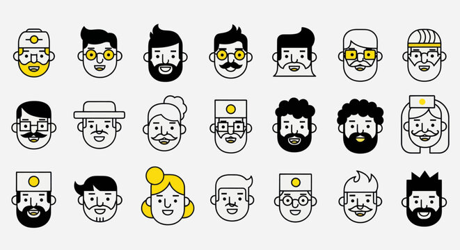 Diverse illustrated faces set