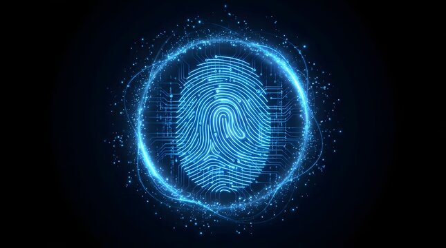 Digital fingerprint identification concept, glowing blue fingerprint surrounded by energy rings, symbolizing security and biometrics