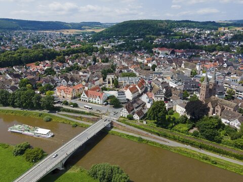 Drone shot of the Weser with excursion steamer, H&ouml;xter, Weserbergland, North Rhine-Westphalia, Germany