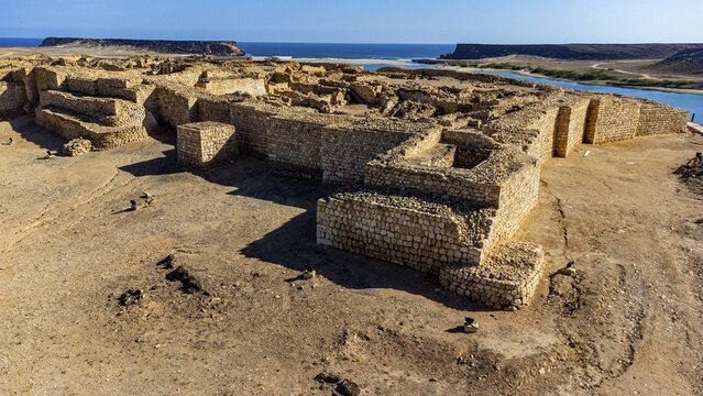 Aerial of the Unesco site the old Frankincense harbour Sumhuram, Khor Rori, Salalah, Oman
