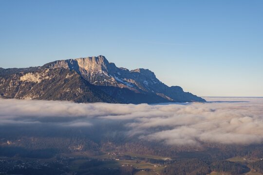 High fog cover over the valley basin of Berchtesgaden, above the Untersberg, Berchtesgaden Alps, Bischofswiesen, Berchtesgadener Land, Upper Bavaria, Bavaria, Germany